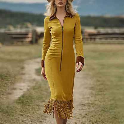 Abito midi da donna con maniche lunghe e orlo con nappe