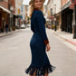 Abito midi da donna con maniche lunghe e orlo con nappe
