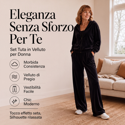 Completo tuta da donna in velluto con cappuccio, 2 pezzi