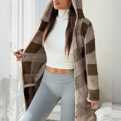 Giacca con cappuccio da donna in tartan con zip