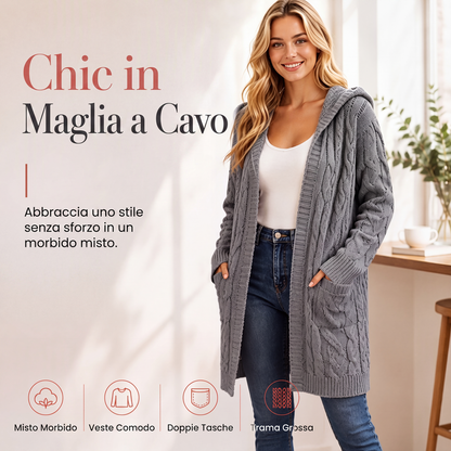 Cardigan lavorato a maglia lungo da donna con cappuccio e tasche