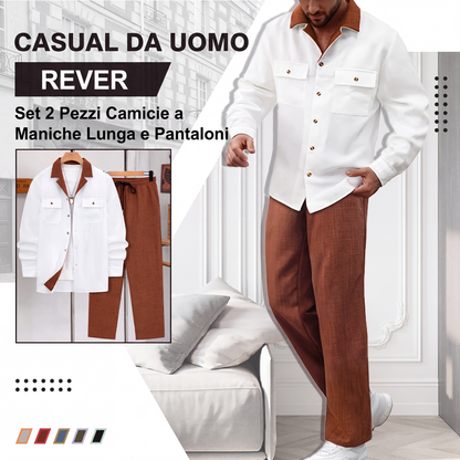 Set da uomo due pezzi: camicia casual con colletto a revers e maniche lunghe ＆ pantaloni