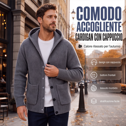 Cardigan lavorato a maglia con cappuccio da uomo, giacca di maglia casual ampia con bottoni