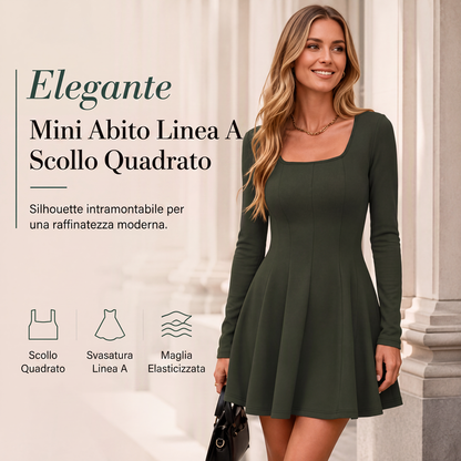 Mini abito da donna con maniche lunghe e scollo quadrato