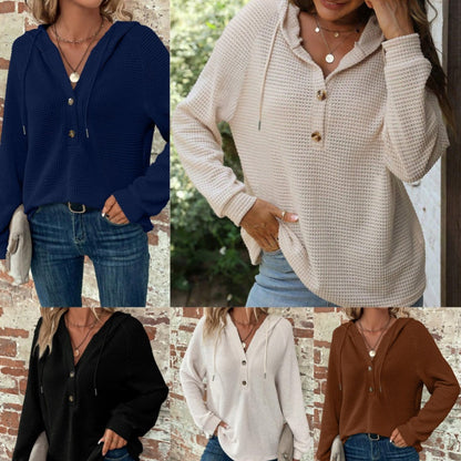 Top da donna trendy a maniche lunghe con cappuccio e colore tinta unita