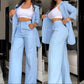 Completo da donna elegante con blazer a revers dentellato e pantaloni a gamba larga