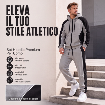 Set da uomo con felpa con cappuccio zip e pantaloni della tuta a blocchi di colore