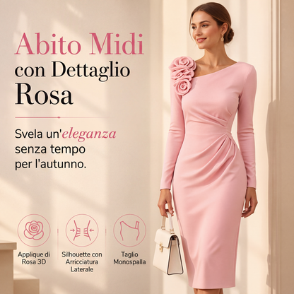 Abito midi da donna con arricciature e dettagli a rosa 3D