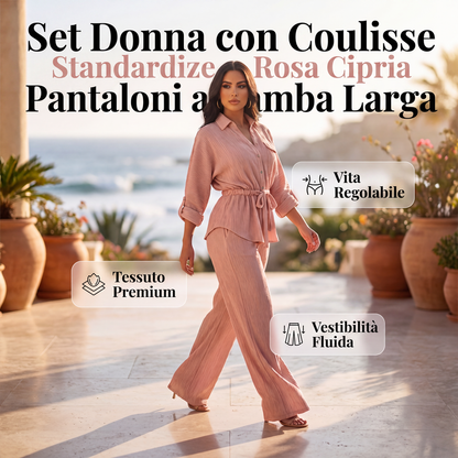 Set da donna con camicia con coulisse e pantaloni a gamba larga