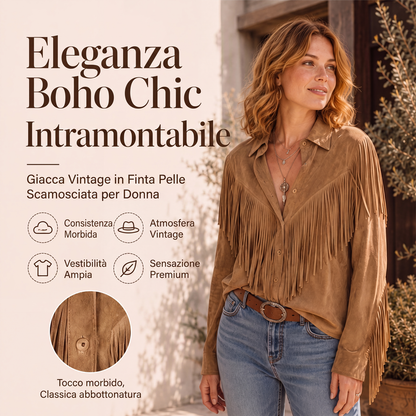Giacca da donna con maniche lunghe in finta pelle scamosciata con frange