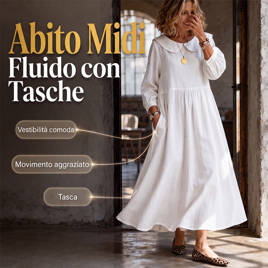 Abito lungo da donna a maniche lunghe e taglio ampio con tasche