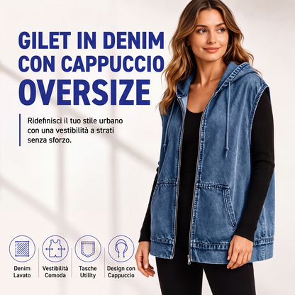 Gilet smanicato da donna in denim casual con cappuccio