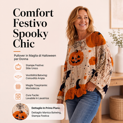 Top da donna in maglia uncinetto con motivo zucca per Halloween