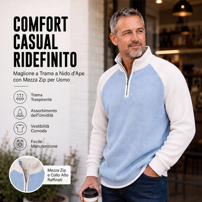 T-shirt da uomo in tessuto waffle con zip corta sul colletto