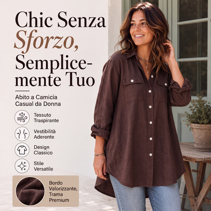 Abito camicia da donna in cotone e lino a maniche lunghe