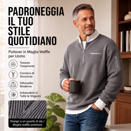 Felpa casual da uomo in tessuto waffle con zip a un quarto
