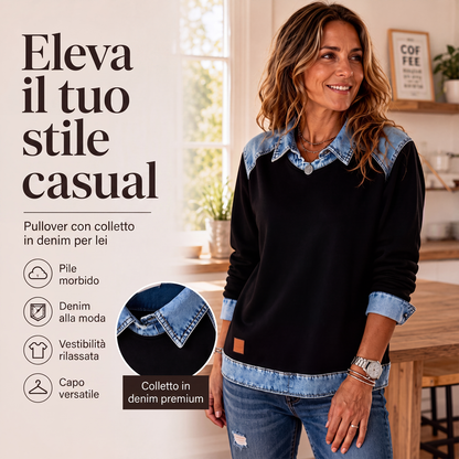 Felpa da donna a maniche lunghe con patchwork in denim
