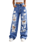Jeans da donna a gamba larga strappati, pantaloni di denim a vita alta effetto vissuto
