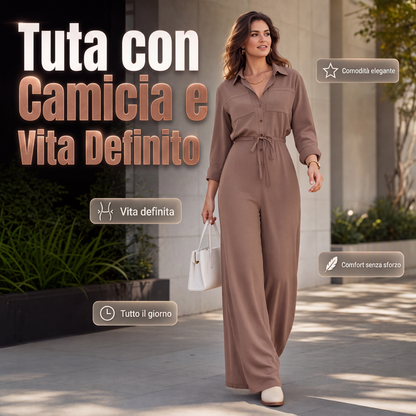 Tuta intera da donna con camicia che definisce la vita