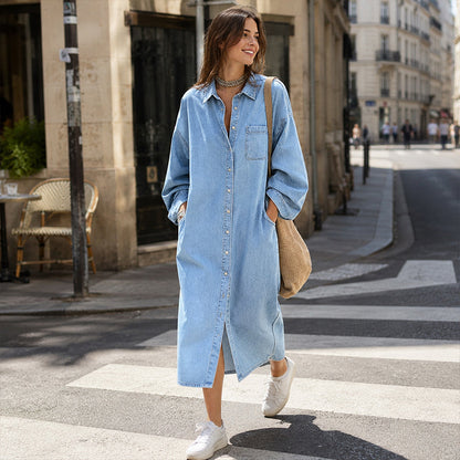 Abito camicia in denim ampio e casual da donna
