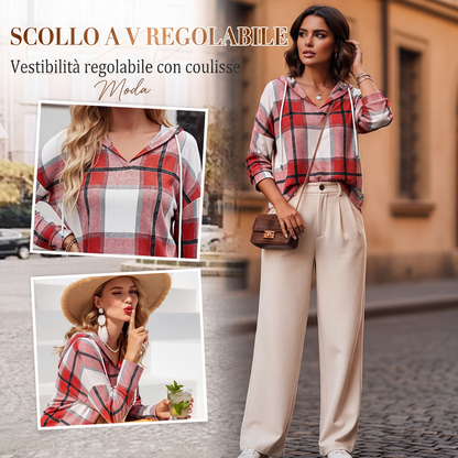 Camicie da donna a quadri con cappuccio, maniche lunghe, coulisse e scollo a V