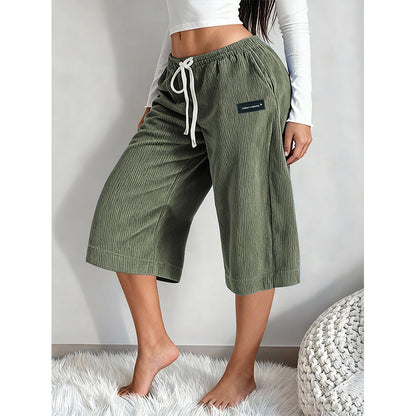 Pantaloni cropped a coste a gamba larga con coulisse da donna