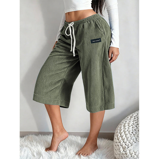 Pantaloni cropped a coste a gamba larga con coulisse da donna