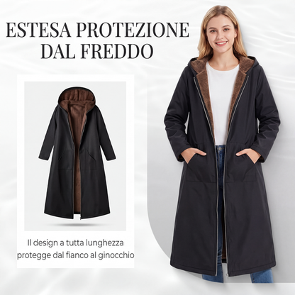 Cappotto lungo da donna vintage con rivestimento in pile e cappuccio