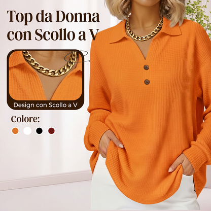 Top a maniche lunghe da donna con scollo a V in tessuto waffle knit