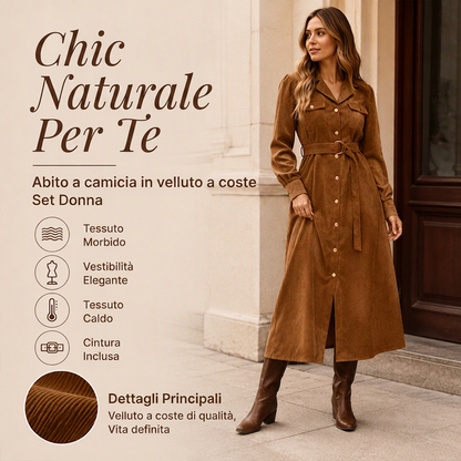 Abito chemisier midi in velluto a coste da donna con cintura
