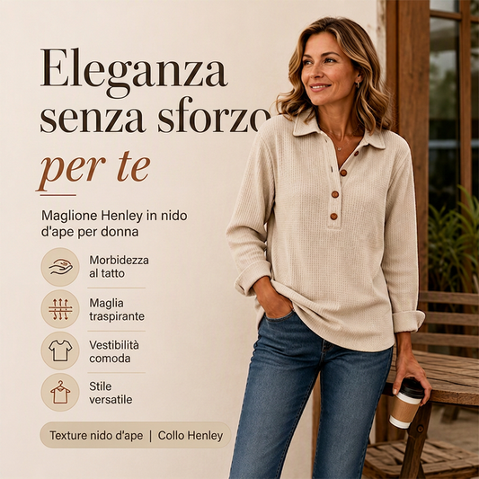 🔥SCONTO DEL 50%! 👚Top Henley a manica lunga in tessuto waffle da donna