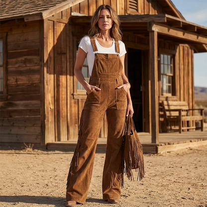 🔥SCONTO DEL 50%! 👚Salopette in pelle scamosciata con frange stile western retrò