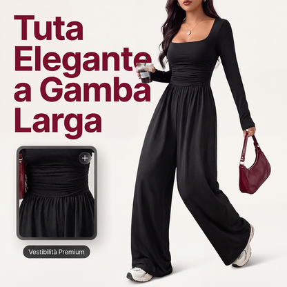 Tuta casual da donna con scollo quadrato e pantaloni a gamba larga