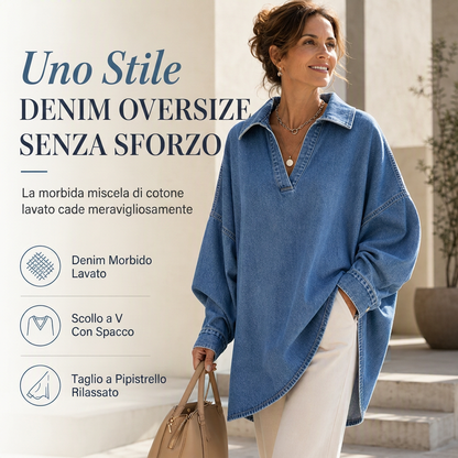 ⏰ Ultimo Giorno di Saldi – SCONTO 50% ✨Camicia pullover in denim casual da donna, scollo a V, maniche a pipistrello e orlo asimmetrico
