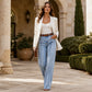 🔥SCONTO DEL 50%! 👖Jeans da donna a gamba larga elasticizzati con orlo sfilato