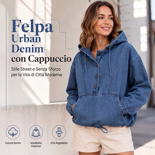🔥SCONTO DEL 50%! 👚Felpa con cappuccio in denim casual da donna con bottoni