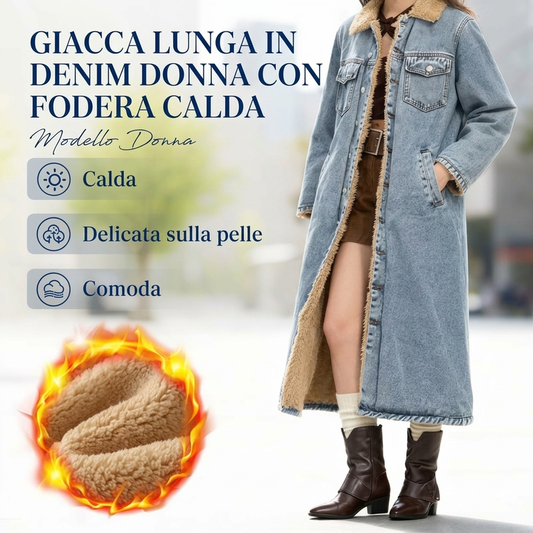 🔥SCONTO DEL 50%! 👚Cappotto lungo in denim foderato caldo da donna
