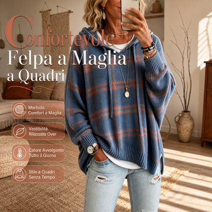 🔥SCONTO DEL 50%! 👚Maglione lavorato a maglia con cappuccio a quadri retrò da donna