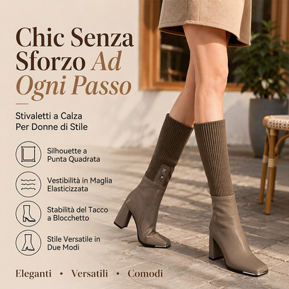 Stivali da donna con tacco grosso alto in maglia elasticizzata