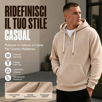 Felpa con cappuccio in velluto a coste da uomo casual con mezza zip