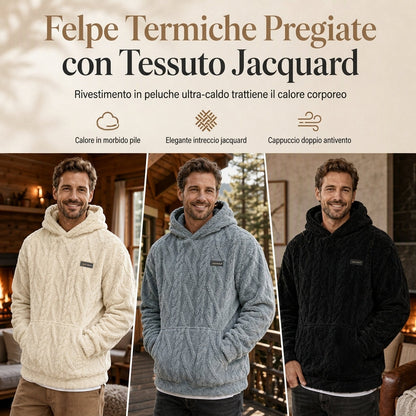 Felpa con cappuccio da uomo invernale foderata in pile, motivo jacquard, maniche lunghe, pullover per abbigliamento casual e outdoor