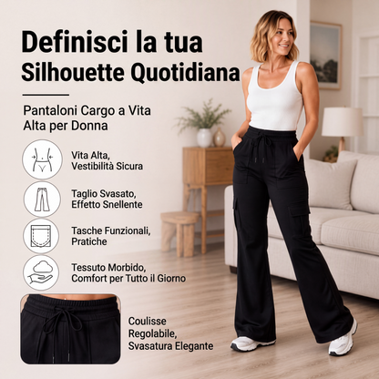 Pantaloni cargo a zampa da donna con vita alta e coulisse