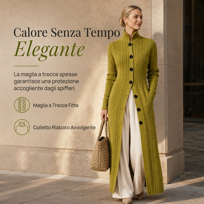 Cappotto cardigan lungo da donna con collo a lupetto e lavorazione a trecce