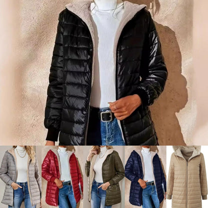 Cappotto invernale da donna trapuntato con cappuccio e cerniera, caldo