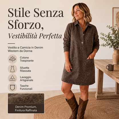 Abito in denim da donna con maniche lunghe e colletto a revers