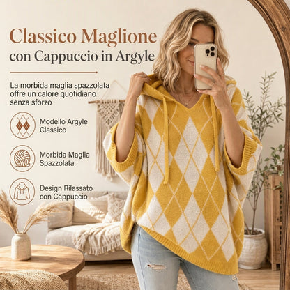 🔥SCONTO DEL 50%! 👚Maglione lavorato a maglia con cappuccio, motivo a quadri, casual da donna