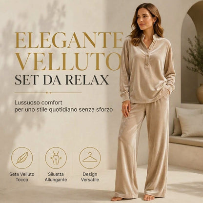 Completo da donna: camicia a maniche lunghe con bottoni e pantaloni a gamba larga