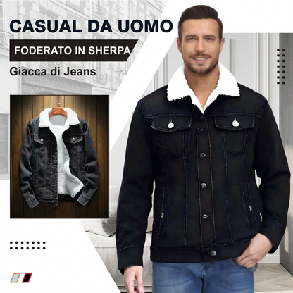 Giacca di jeans casual da uomo foderata in sherpa