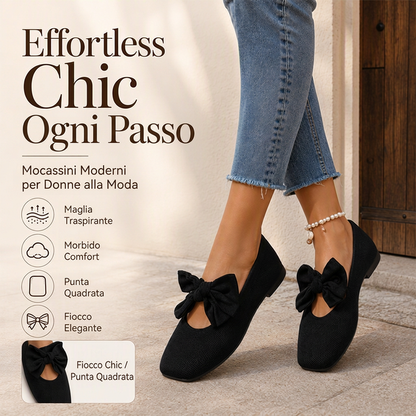 Scarpe piatte da donna con punta quadrata, tessuto a maglia e fiocco