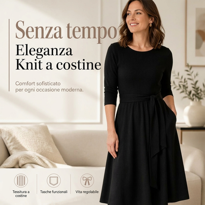 🔥SCONTO DEL 50%! 👗Abito midi da donna a coste modello A, con scollo a giro, maniche a 3/4 e tasche